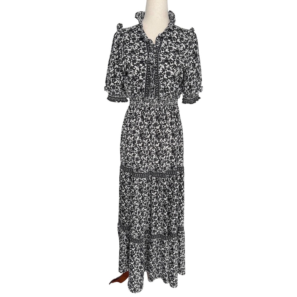Max Studio Women M Cottagecore Tiered Maxi Dress Black White Floral Smocked Boho